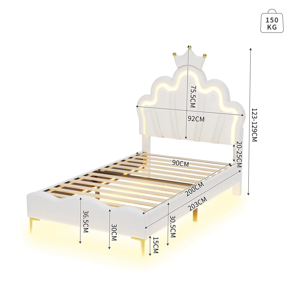 Letto imbottito con corona e luci LED, bianco, 90 x 200 cm