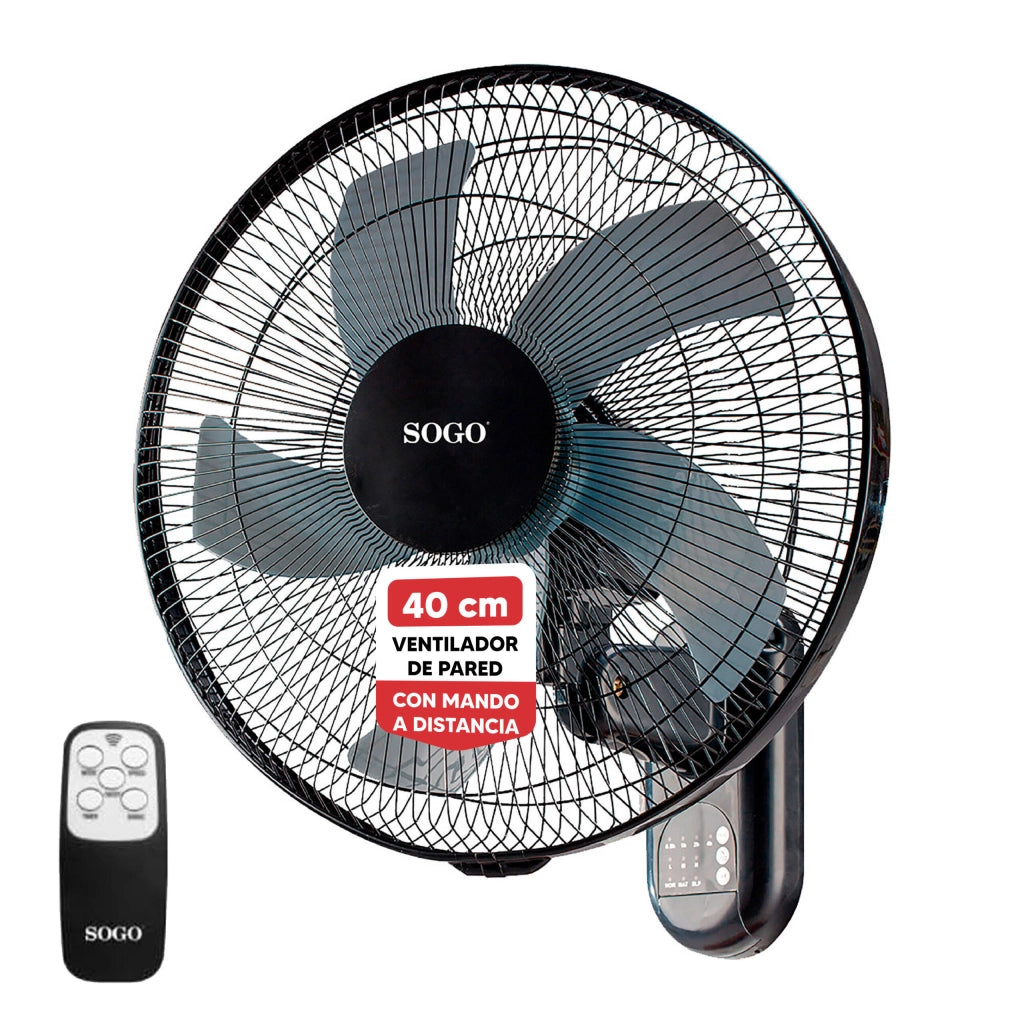 Ventilatore da parete 40 cm con telecomando, 50W 3 velocità e timer 7,5h, oscillazione e inclinazione regolabile - Sogo