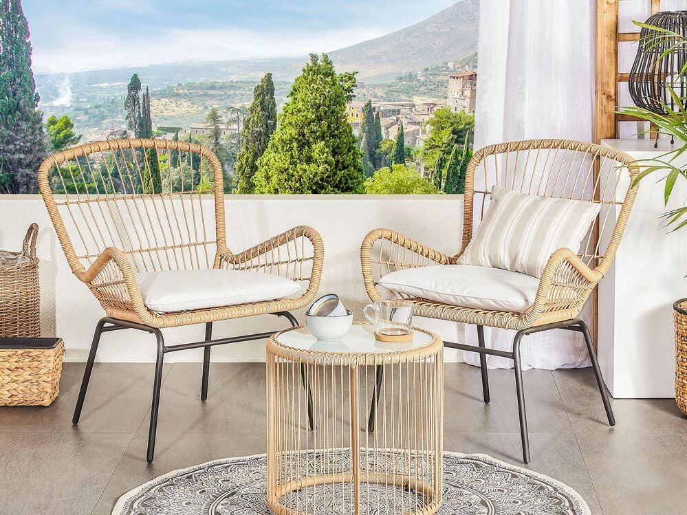 Set bistrot marrone finto rattan gambe in acciaio Nero 2 sedie con cuscini grigi piano tavolo in vetro moderno set da esterno a 2 posti