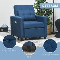 Poltrona Letto Singola Reclinabile su 3 Livelli con Cuscino e 2 Tasche Laterali, 69x82x85cm, Blu