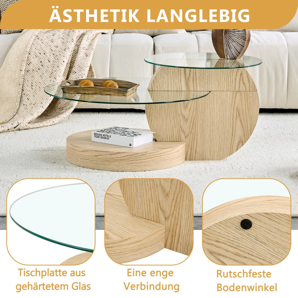 Tavolino basso a due livelli in vetro temperato e MDF effetto legno chiaro trasparente 78.5 × 78.5 × 24.5 cm