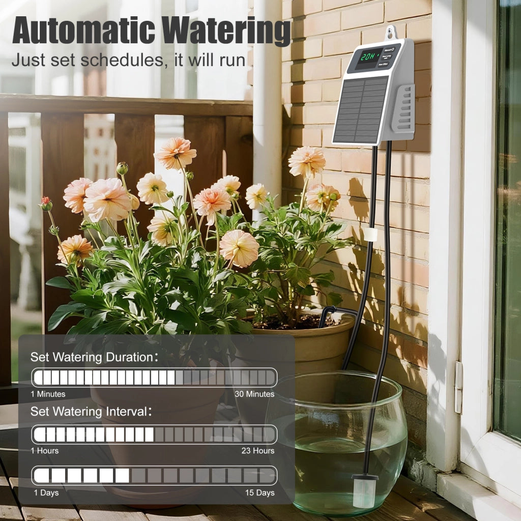 Kit irrigazione automatica solare programmabile per 10 piante in vaso batteria 2200mAh impermeabile IPX5 tubo resistente ai raggi UV Bianco