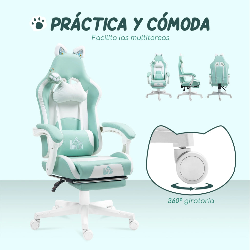 Sedia Gaming Reclinabile con Poggiapiedi Retrattile e Supporto Lombare ¨C zephmum ¨C Verde Menta