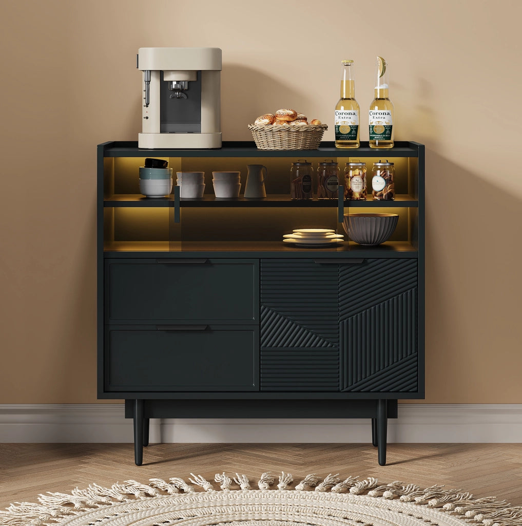 Credenza contenitore 80 cm in MDF nero con anta in vetro e LED