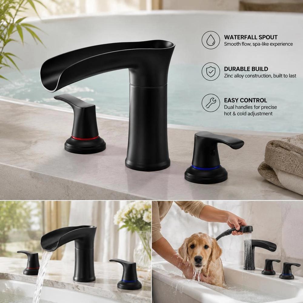 Roman Bathtub Faucet With 3 Holes & 2 Handles, Zinc Alloy Bathtub Tap With Short Spout For Deck Mounting, For Washing Pets, Bathing Adults, Black
