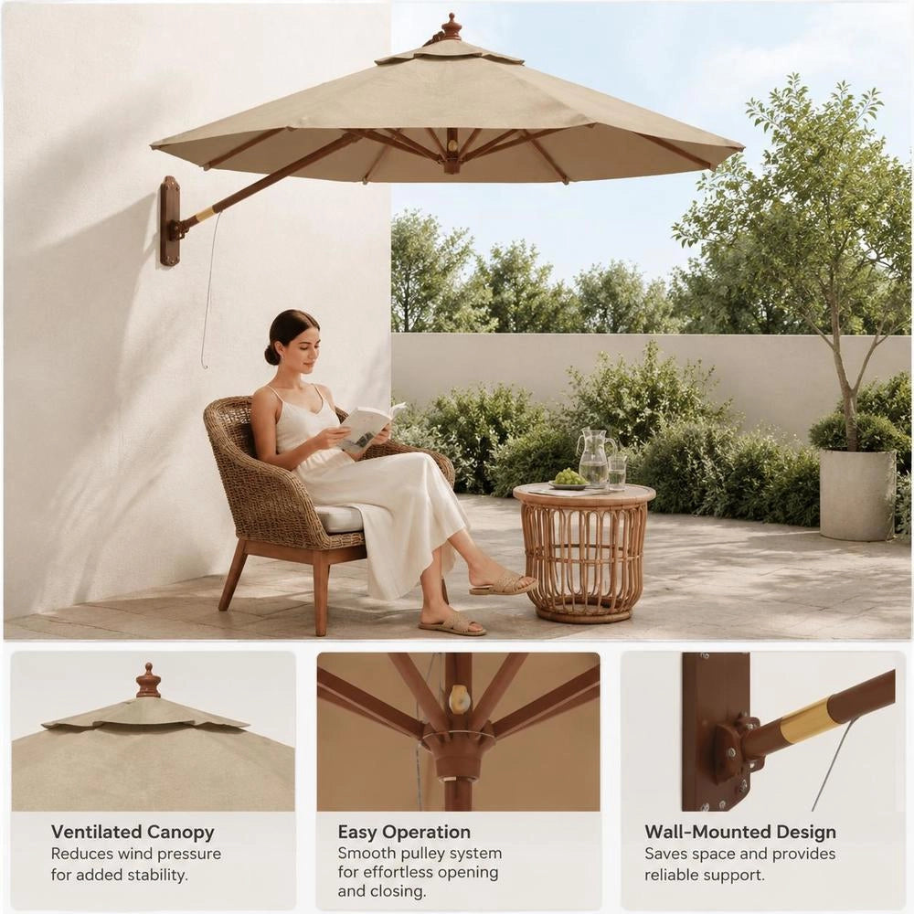 Parasol With Wooden Pole, Taupe, 196x231 Cm