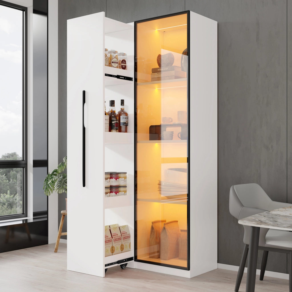 Vetrina multifunzione bianca con libreria estraibile e LED