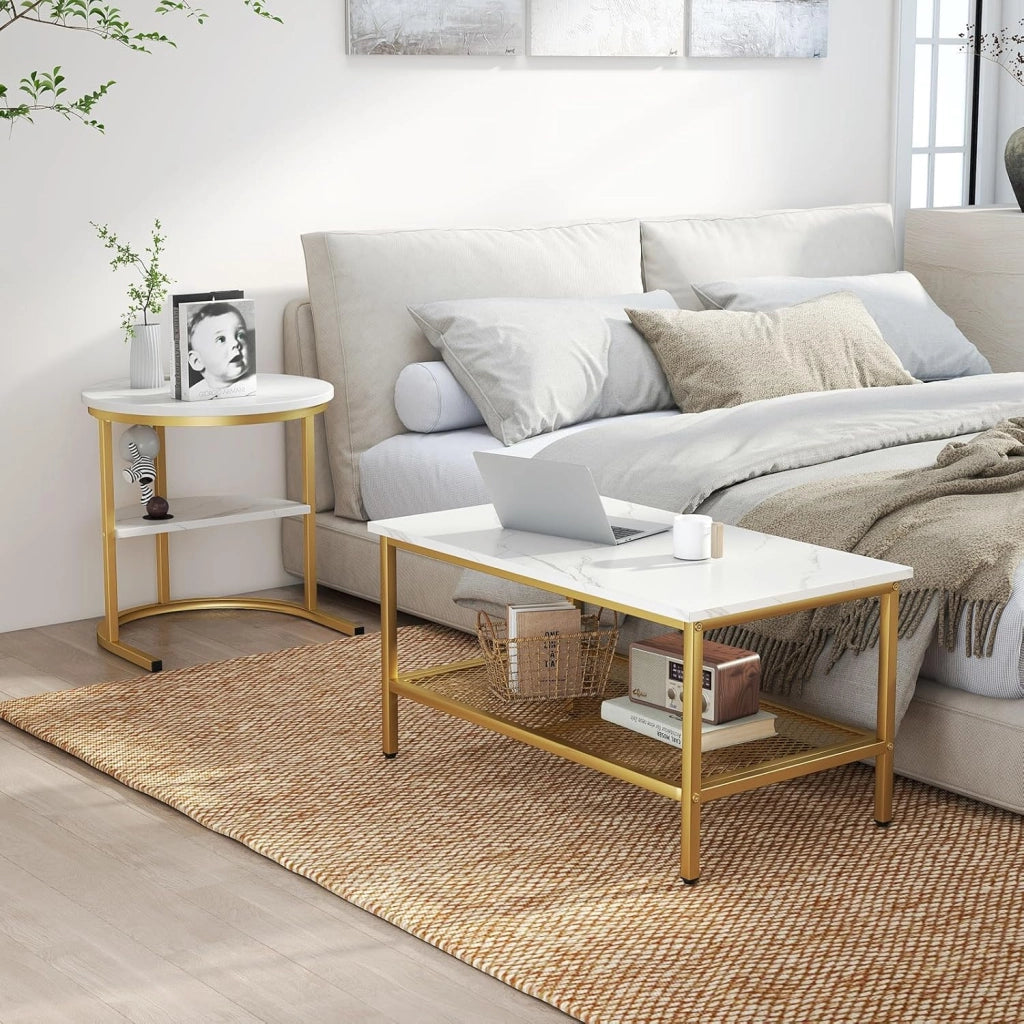 Set di Tavolini da Caffè a 2 Pezzi, Tavolini Sovrapponibili a 2 Livelli con Piano in Marmo Finto e Struttura in Metallo, Tavolino Rettangolare e Tavolino Rotondo (Oro+Bianco)