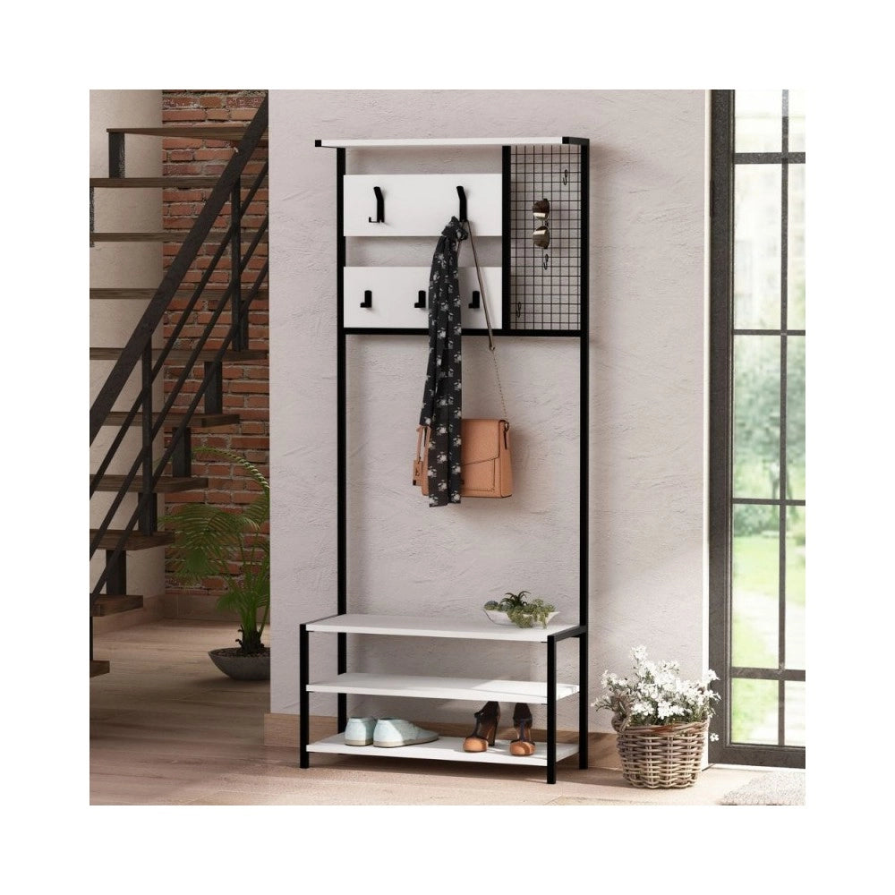 Scaffale ingresso appendiabiti in metallo nero con particolari bianco Nomad