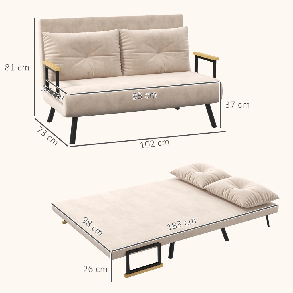 Divano Letto 3 in 1 in Tessuto Effetto Velluto con Schienale Regolabile e 2 Cuscini. 102x73x81 cm. Beige