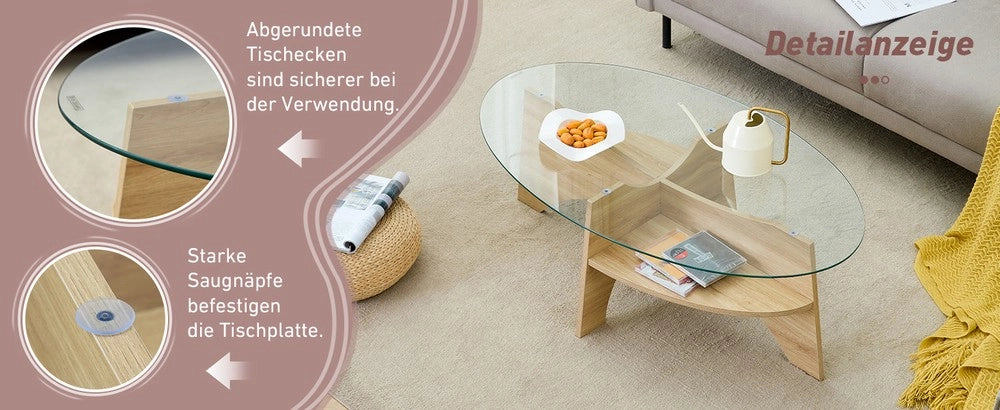 Tavolino da Caff¨¨ Ovale in Vetro Temperato ¨C Xylo ¨C Multistrato, Design Moderno, 104x60 cm