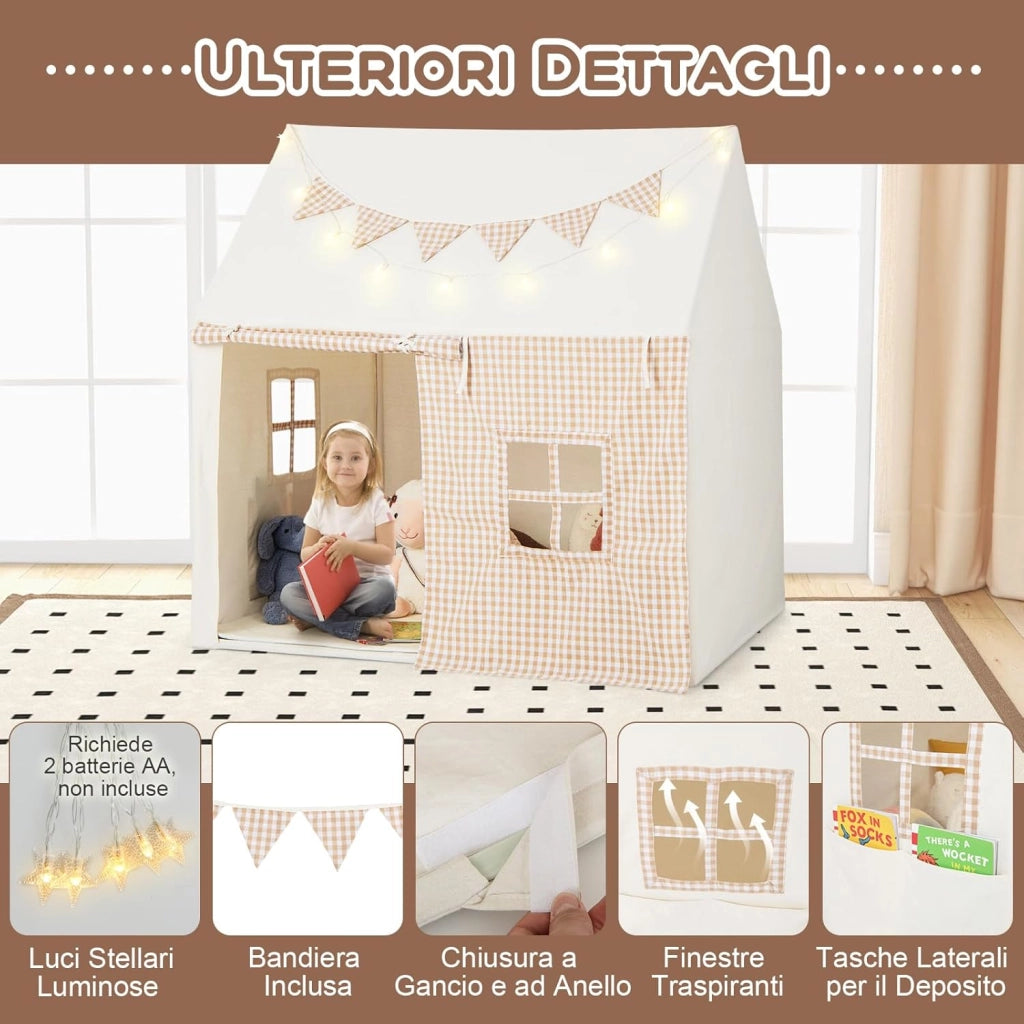 Tenda da Gioco per Bambini, Casetta Tenda da Gioco con Tappetino Imbottito, 2 Finestre Traspiranti e 2 Tasche, Luci a Stella e Bandierine Incluse, Tenda per Bambini 3-8 Anni (Beige)