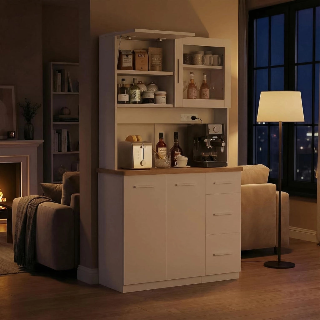 Mobile da cucina, credenza, armadio alto con prese di corrente e strisce LED 3000 K, con piano di lavoro da 24 mm, ripiani regolabili, 3 cassetti, 100 x 40 x 182 cm (Bianco)