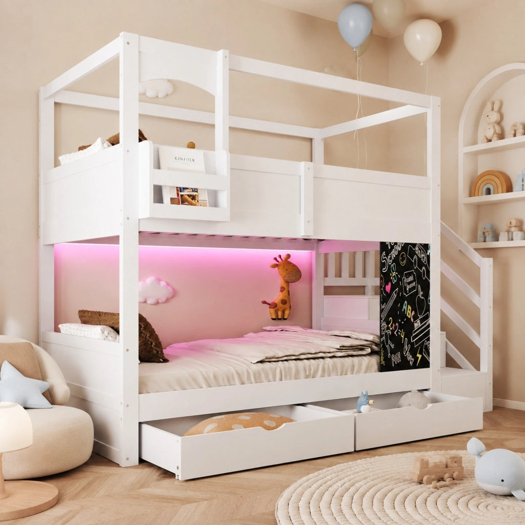 Letto a castello per bambini 90x200 cm in legno; design casetta; bianco; con cassetti e scaletta contenitore