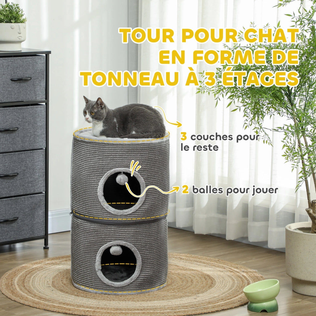 Tiragraffi per gatti modulare a 3 livelli con palline ¨C Minimal ¨C grigio 42x69 cm