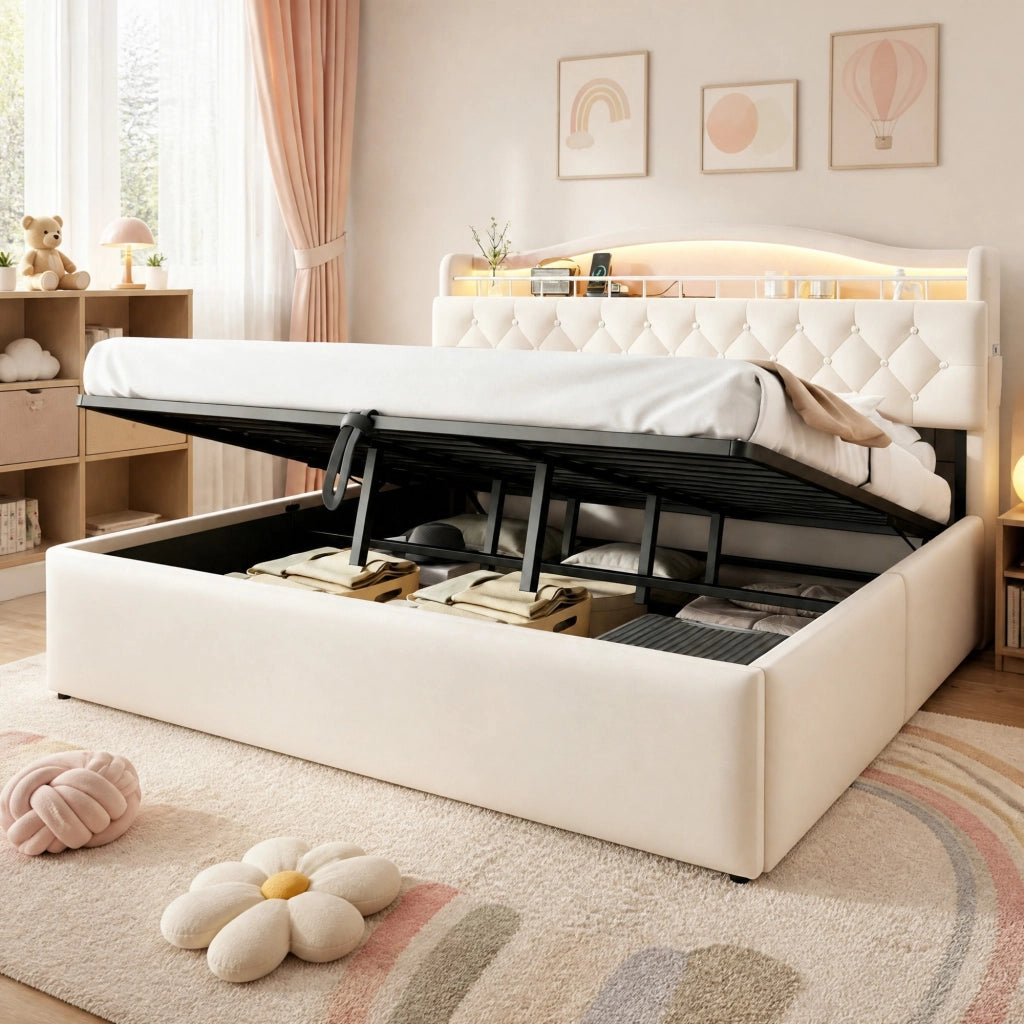 LETTO Contenitore 180x200 cm in tessuto beige con LED, USB e USB-C