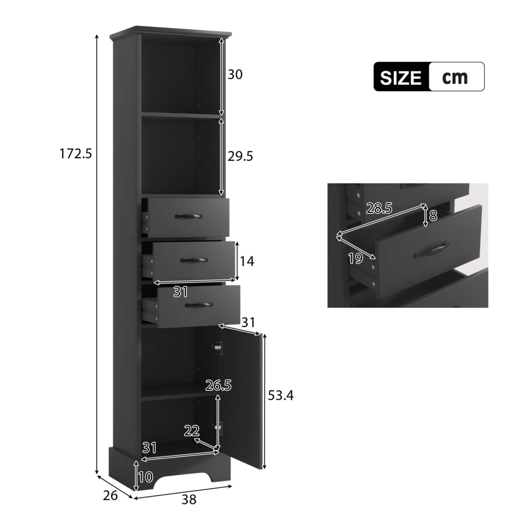 Mobile da bagno nero 38 x 26 x 172,5 cm con cassetti e ripiani regolabili