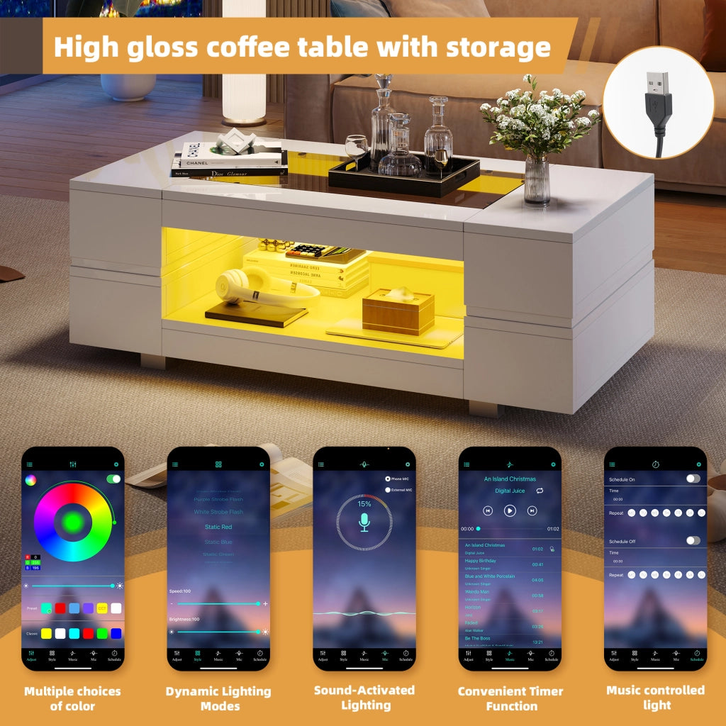Tavolino da caffè con LED e 2 ripiani - per soggiorno - bianco - 100x50x35 cm