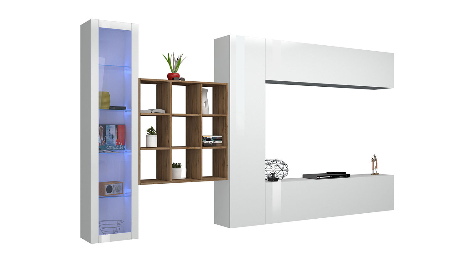 Parete Attrezzata Soggiorno 350x30x180 cm Maruska n°23 Bianco Lucido/Rovere Wotan