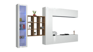 Parete Attrezzata Soggiorno 350x30x180 cm Maruska n°23 Bianco Lucido/Rovere Wotan