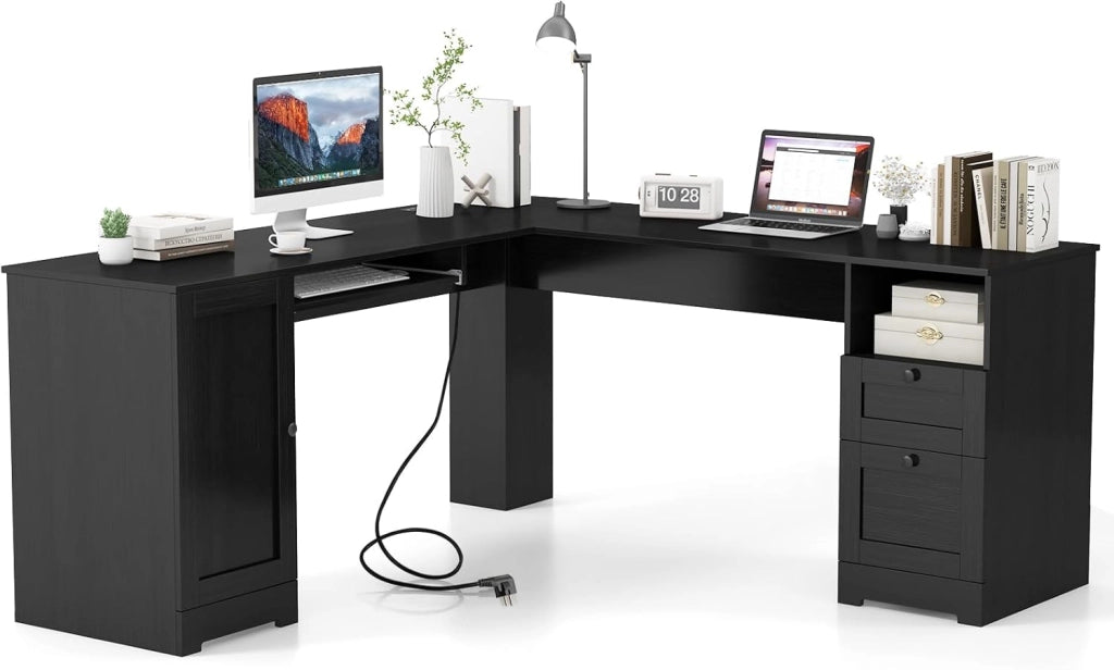Scrivania ad Angolo a Forma di L, Scrivania per Studio in Legno con 2 Cassetti, Tavolo per computer per Ufficio Studio, 168 x 168 x 76 cm (Grigio)