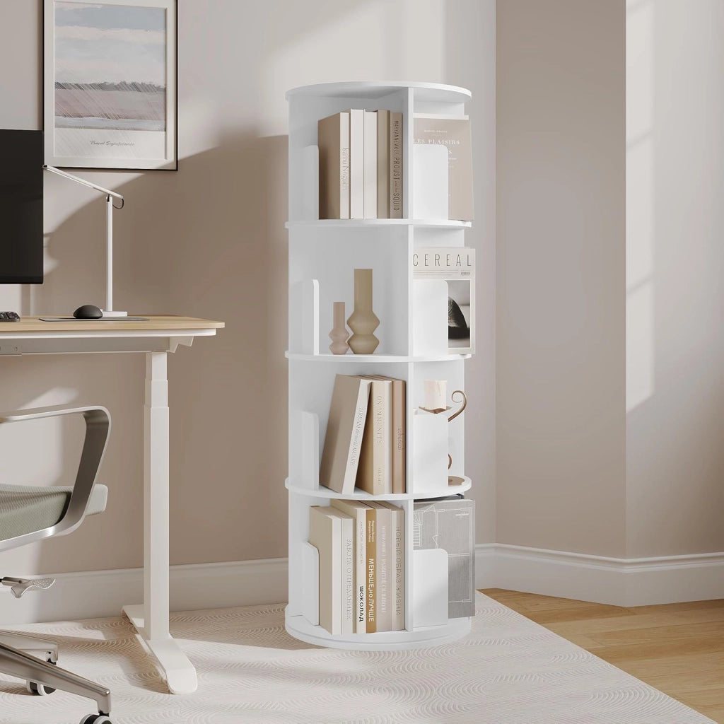 Libreria Rotante, Libreria Angolare a 4 Livelli 16 Scomparti, Scaffale Autoportante per Soggiorno, Camera da letto, Ufficio, Studio, in Legno, Bianco