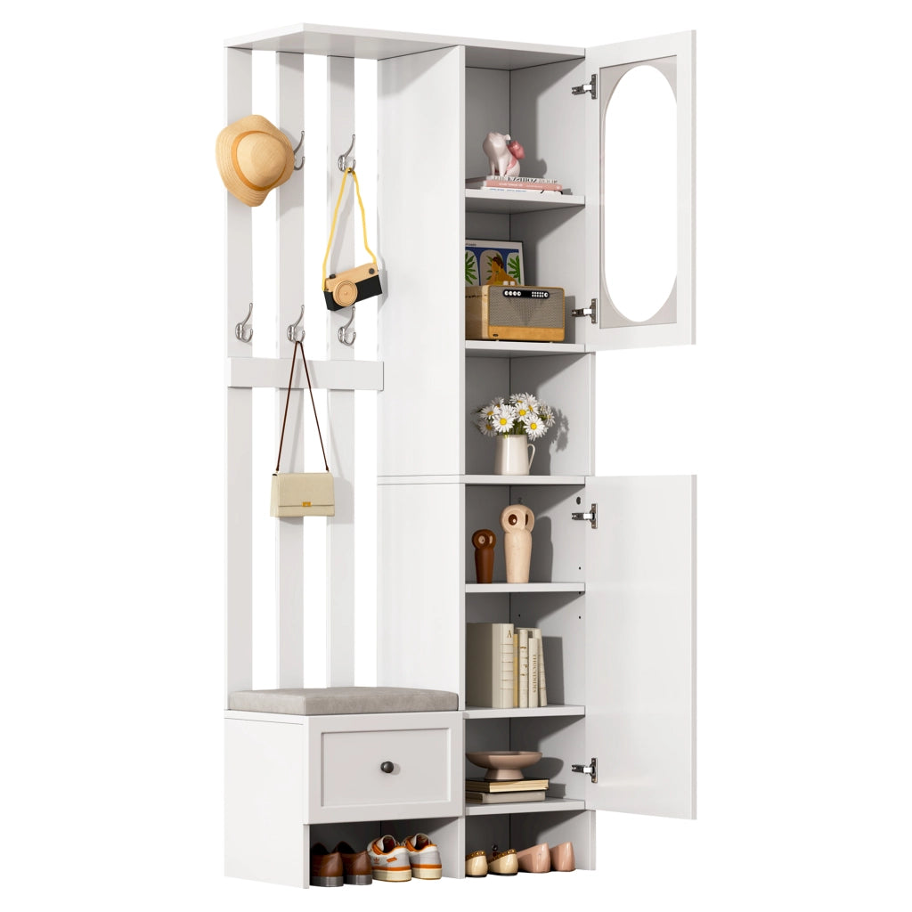 Mobile da Ingresso con 2 Armadi; 1 Cassetto; 10 Vani; 6 Ganci e Panca Portascarpe; per Ingresso; 85 × 33;5 × 200 cm; Bianco