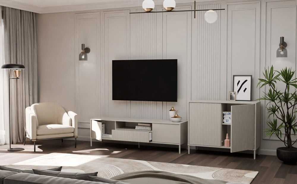 Cassettiera KAMARO 2d slim cashmere doghe decorative frontale scanalato per camera e soggiorno