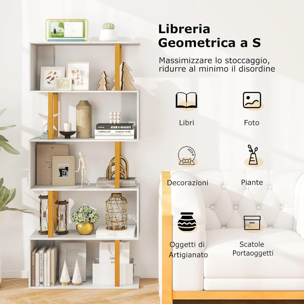 Libreria a 5 Livelli in Legno, Scaffale con Struttura in Metallo, Forma di S, Librerie Salvaspazio Divisorio per Soggiorno Ufficio e Studio, Carico 120kg (70 x 24 x 157 cm)