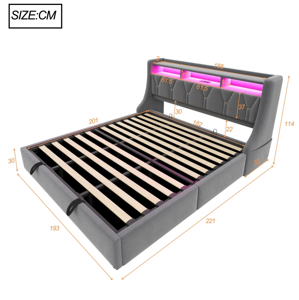 Letto imbottito 180x200 cm con contenitore, testiera multifunzione e LED