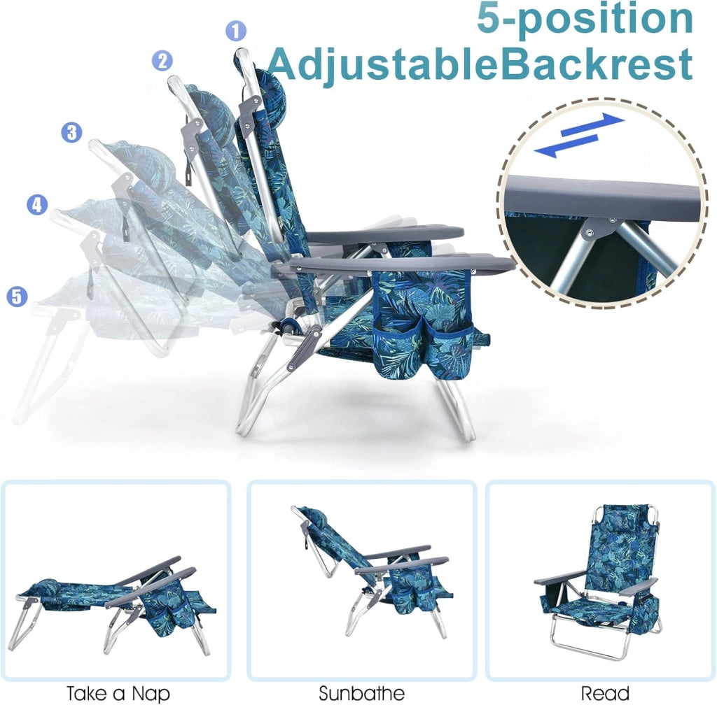 Set di 2 Lettini Prendisole Pieghevoli e Tavolino, Lettini da Spiaggia con Poggiatesta e Schienale Regolabile, Sedie Sdraio Portatile con Borse Laterali per Giardino, Piscina (Blu Marino)