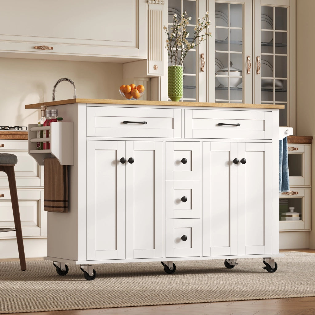 Carrello da Cucina con 5 Cassetti; 2 Ante; Ripiani Regolabili; Piano Ribaltabile e Ruote; in MDF; 140 x 40 x 89 cm