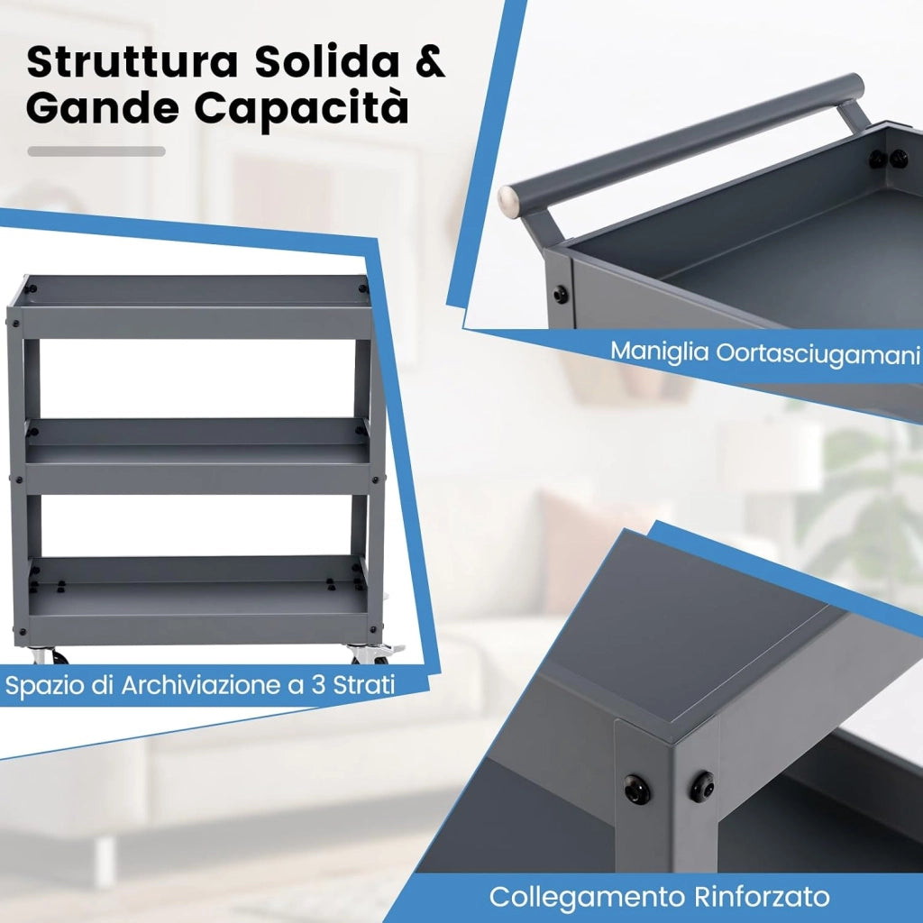 Carrello da Cucina con 3 Livelli, Carrellino Multifunzionale con Ruote Flessibili, Carrello di Servizio Resistente con Maniglia Comoda, Ideale per Ufficio Garage Magazzino Biblioteca (Grigio)