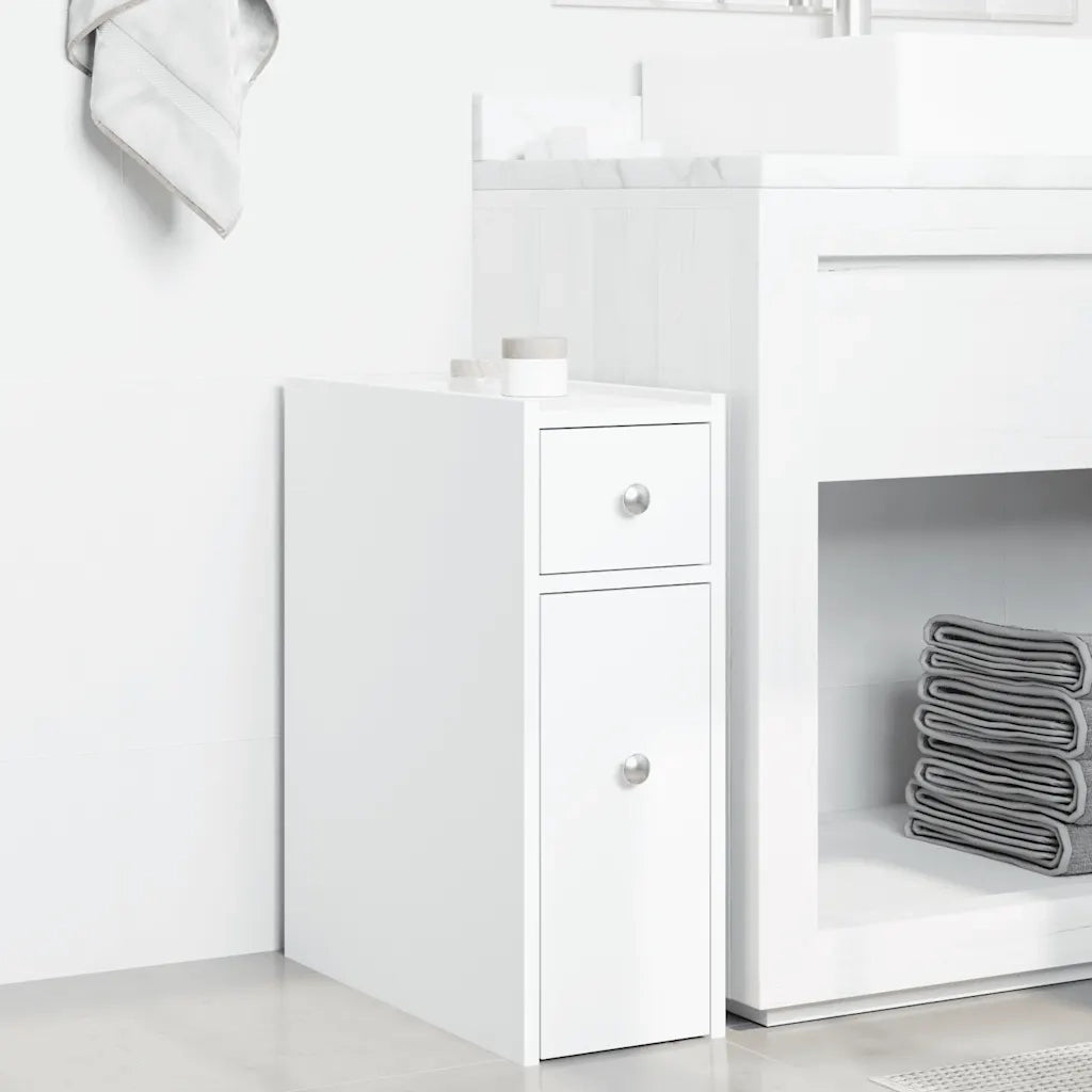 Armadietto da Bagno Stretto con Ruote Bianco in Truciolato 855286