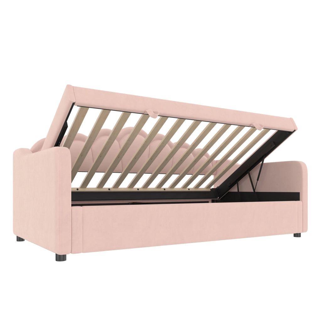 Divano letto singolo 90x200 cm in velluto rosa con contenitore; LED e testiera ondulata