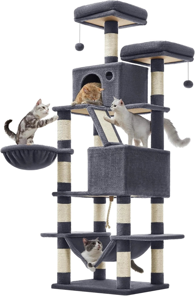 Feandrea Albero per Gatti, Alto 206 cm, Tiragraffi per Gatti Adulti, XXL, con 13 Graffiatoi, 2 Posatoi, 2 Grotte, Cesto, Pompon, in Peluche a Più Livelli per Interno, Marrone Cammello PCT190K01