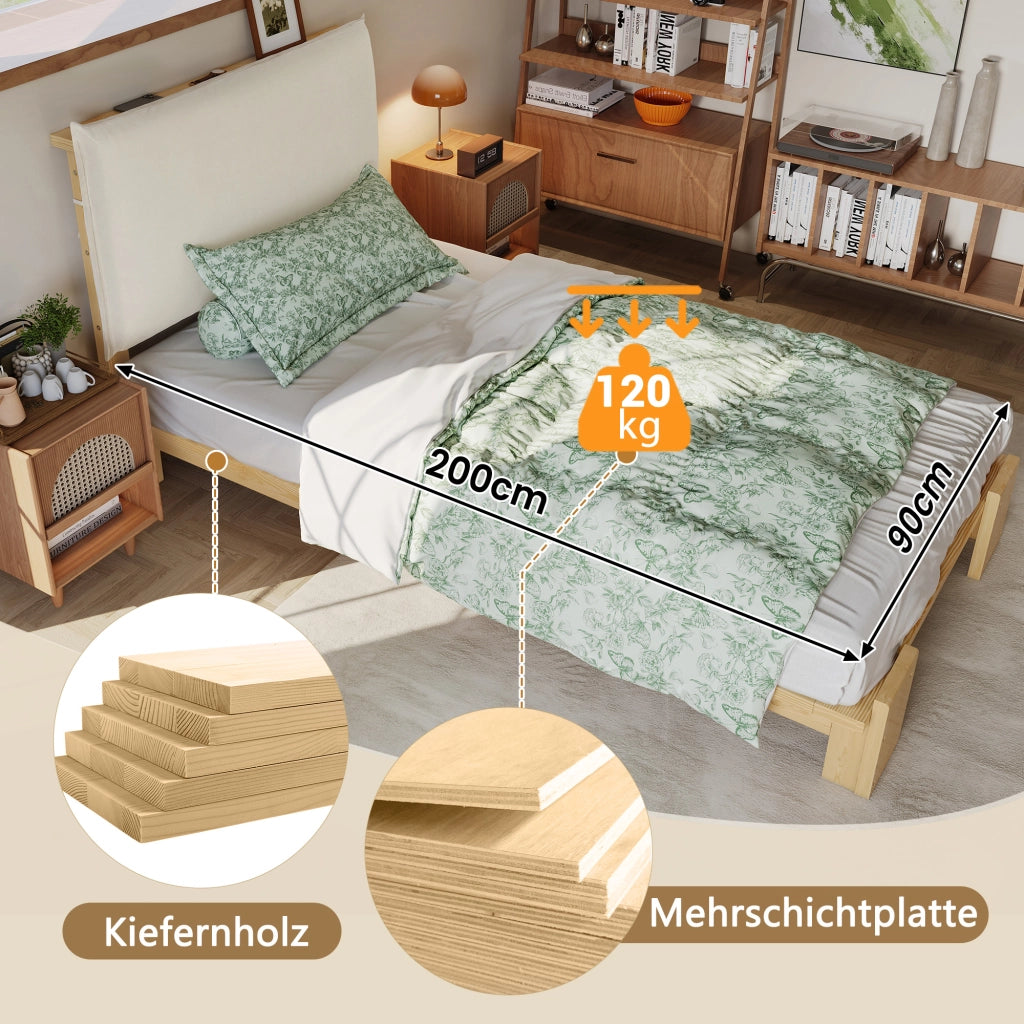 Letto Singolo 90x200 cm - Schienale Imbottito; Doghe Robuste e Gambe Larghe - Naturale