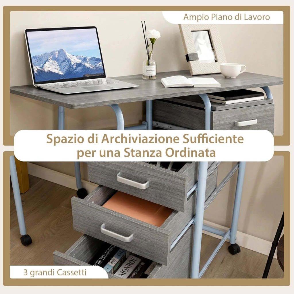 Scrivania Salvaspazio con 3 Cassetti e Ruote Bloccabili, Scrivania Porta PC Pieghevole con Struttura in Metallo per Studio e Ufficio, 105 x 50 x 75 cm, Portata 100 kg (Grigio)