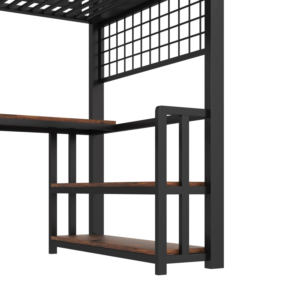 Letto a soppalco singolo 90×200 cm con LED; scrivania; ripiani; USB e Type-C; senza materasso; nero