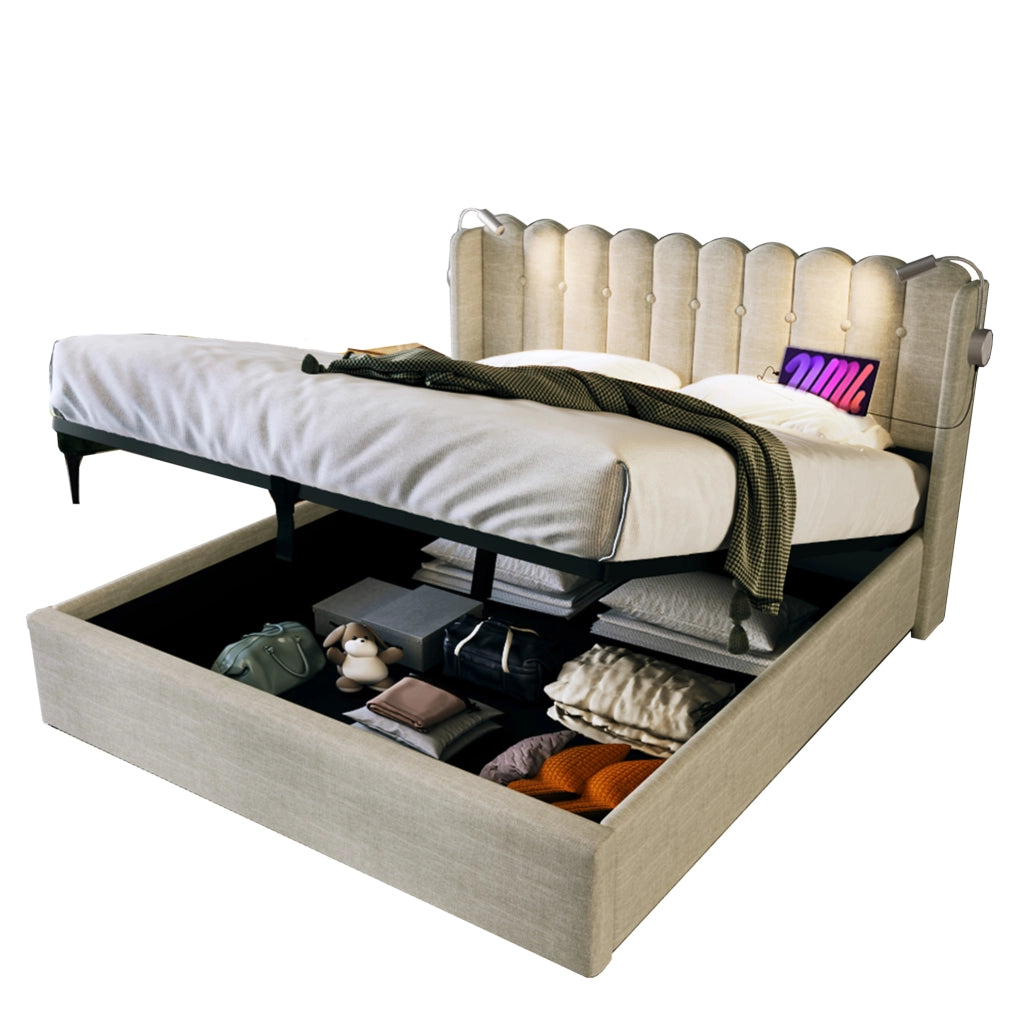 Letto matrimoniale 160x200 cm in tessuto lino naturale con lampada da lettura; USB e contenitore