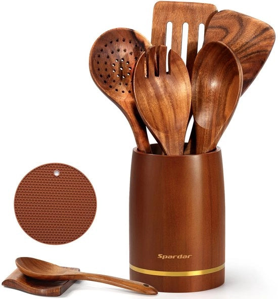 Set di cucchiai in legno per la cucina, 9 pezzi, composto da 6 cucchiai in legno di teak, cucchiaio per cucchiai, holder per coltelli da 3,3 pollici, da utilizzare come decorazione per la cucina e regalo per l'occasione di benvenuto.
