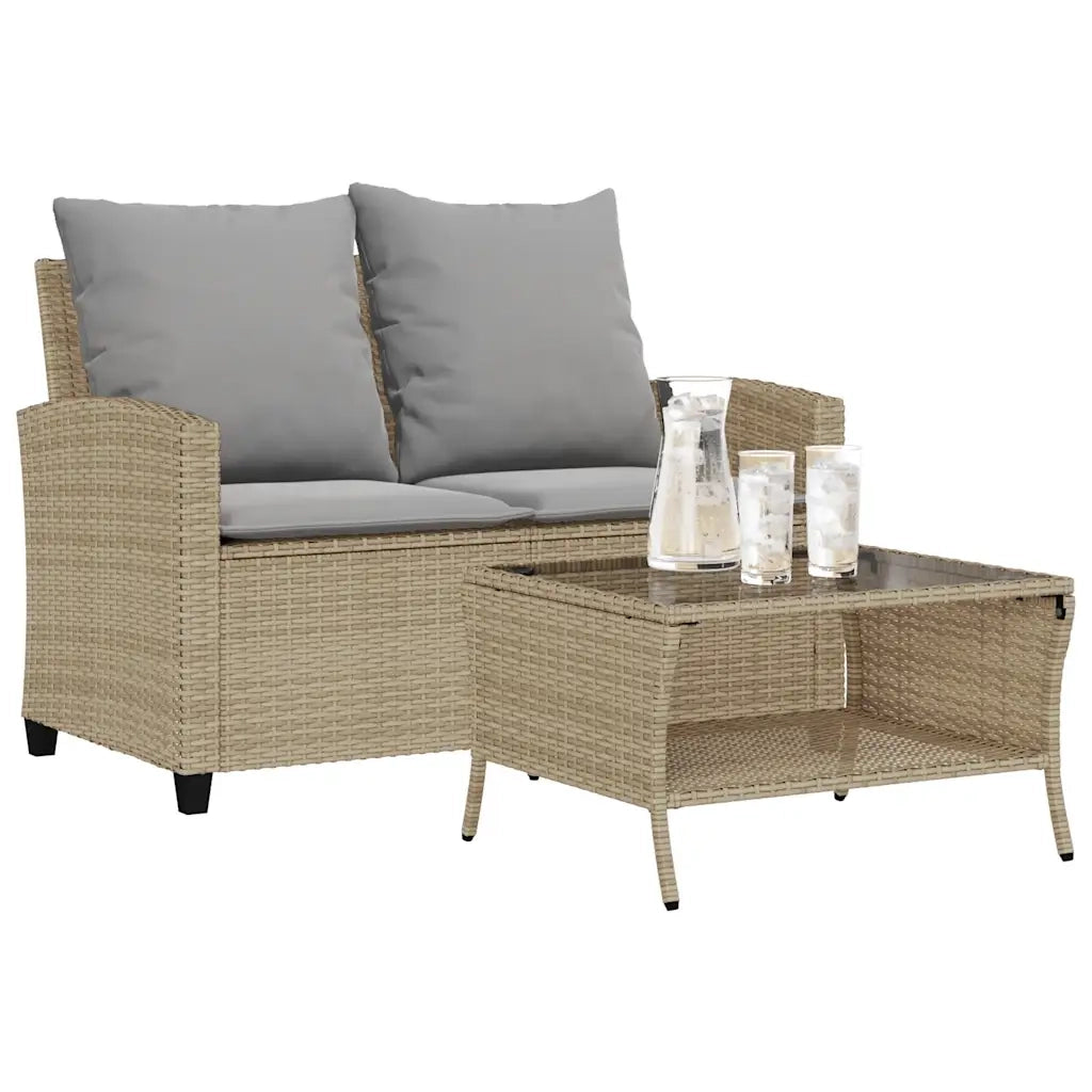 vidaXL Divano Giardino 2 Posti con Cuscini e Tavolo Beige Polyrattan