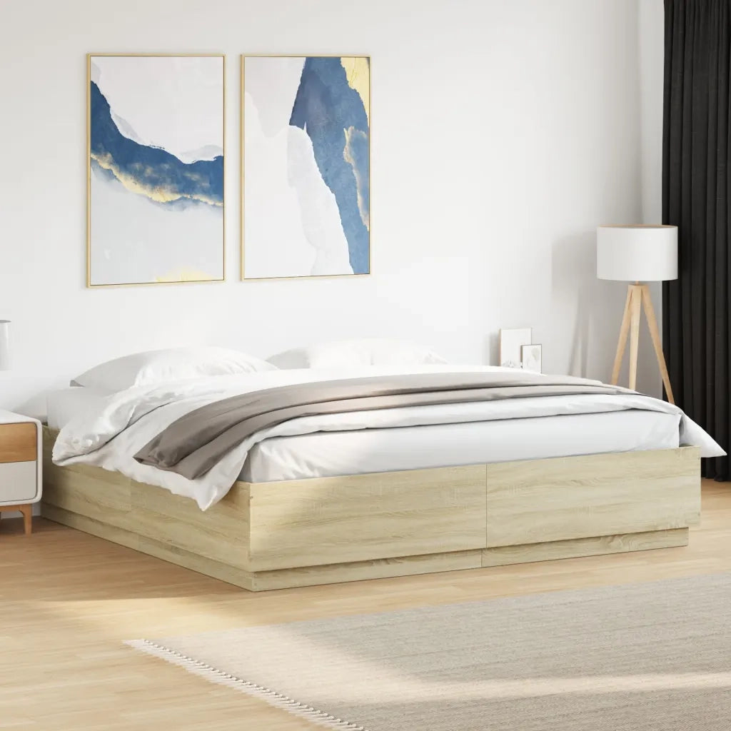 Letto matrimoniale | Letto per adulti | Giroletto Cassetti Luci LED Sonoma 200x200 cm Legno Multistrato