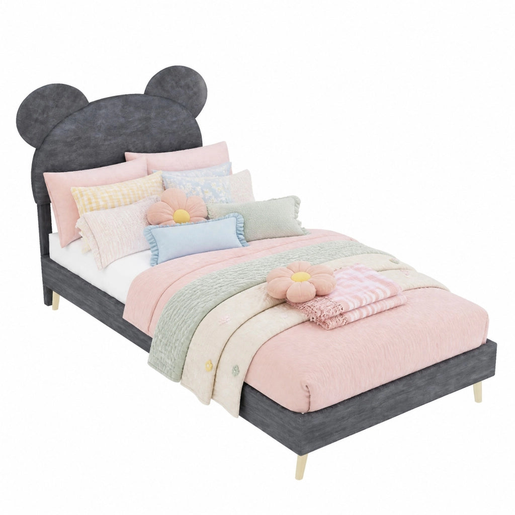 Letto imbottito singolo 90x200 cm con testiera decorativa e contenitore pneumatico; grigio