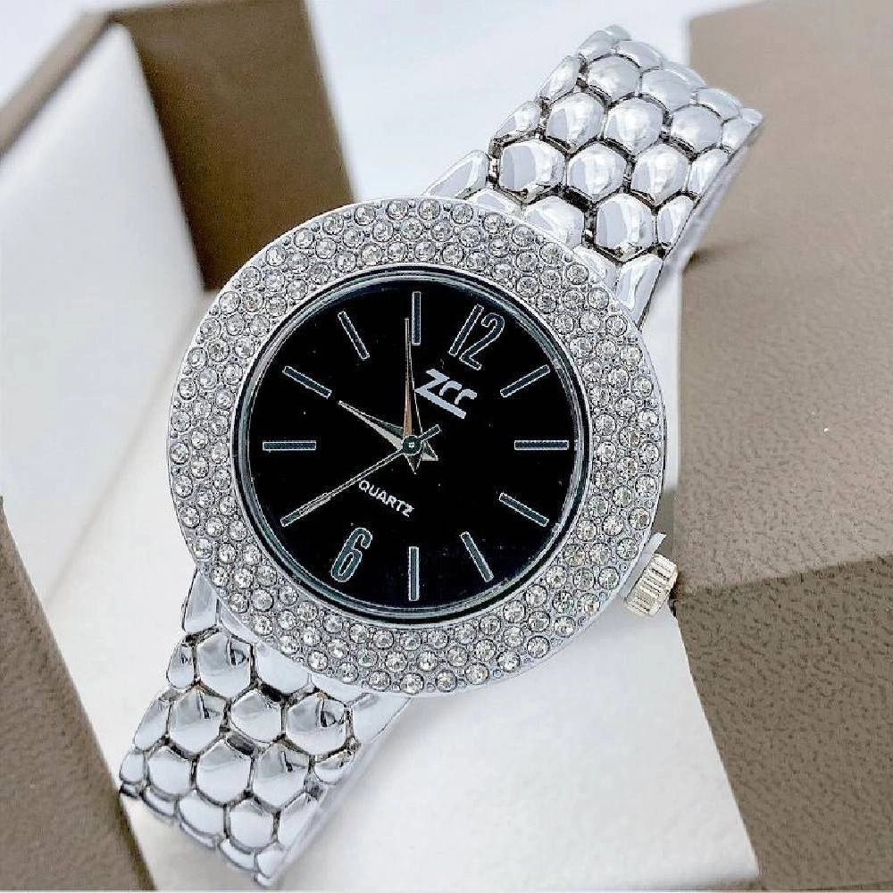 Trade Shop - Orologio Polso Zcc Donna Quarzo Acciaio Moda Brillantini Analogico Silver Nero -