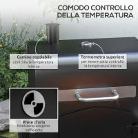 Barbecue da Giardino a 2 Ruote con Griglia, Affumicatore e Fornello, in Metallo e Ghisa, 124x66x112 cm, Nero