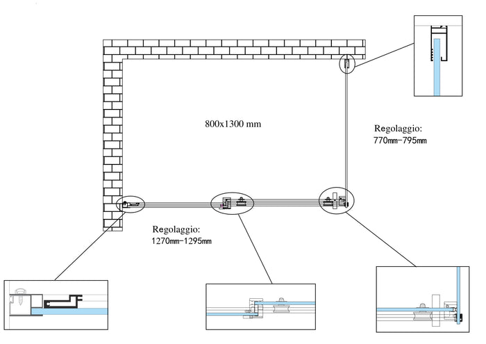 Box doccia 8 MM a 2 lati parete fissa laterale + porta scorrevole reversibile altezza 190 cm 80x130 