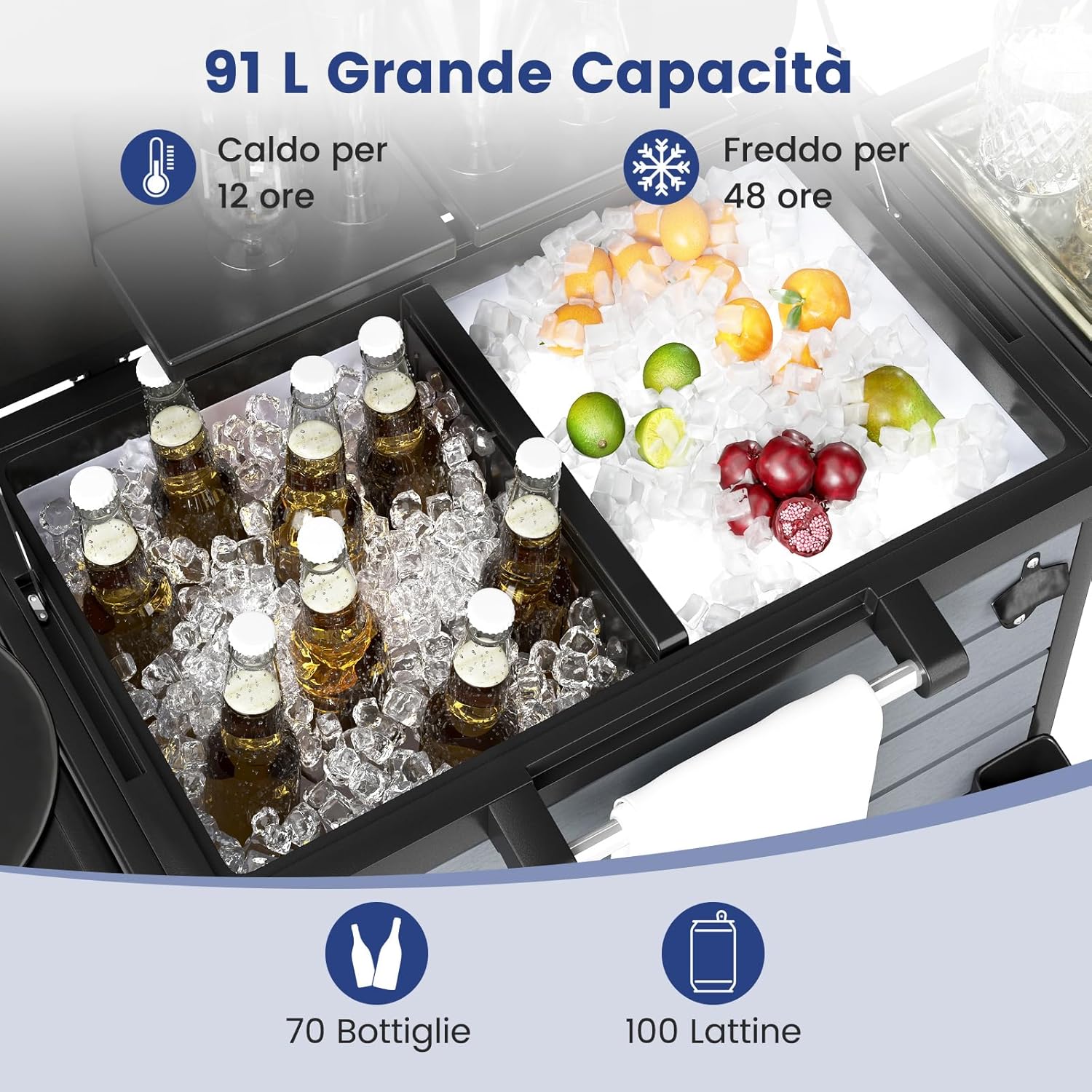 Carrello Porta Ghiaccio su Ruote 83 x 50 x 85 cm, Carrello Refrigerante con Ripiani di Stoccaggio e Apribottiglie, Portata 91 L, Frigorifero Portavivande da Esterno per Feste e Barbecue