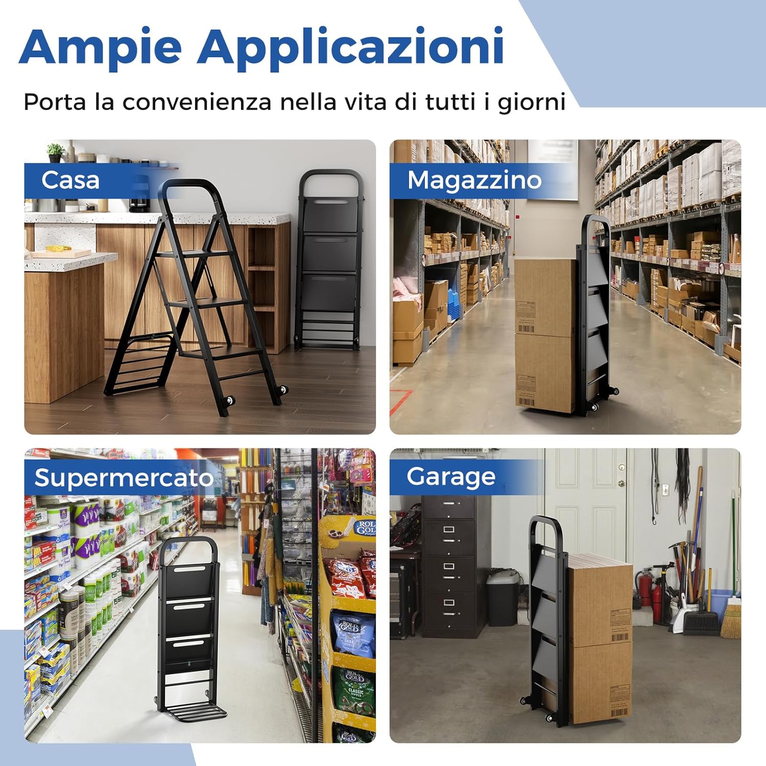 Scala a 3 Gradini Pieghevole con Ruote, 2 in 1 Scala e Carrello a Mano, Carrello a Mano con Ampie Pedane, Carrello Portapacchi a Scala in Metallo, Carico Massimo 250 kg