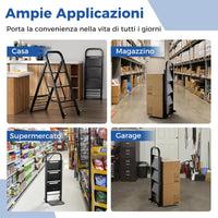 Scala a 3 Gradini Pieghevole con Ruote, 2 in 1 Scala e Carrello a Mano, Carrello a Mano con Ampie Pedane, Carrello Portapacchi a Scala in Metallo, Carico Massimo 250 kg